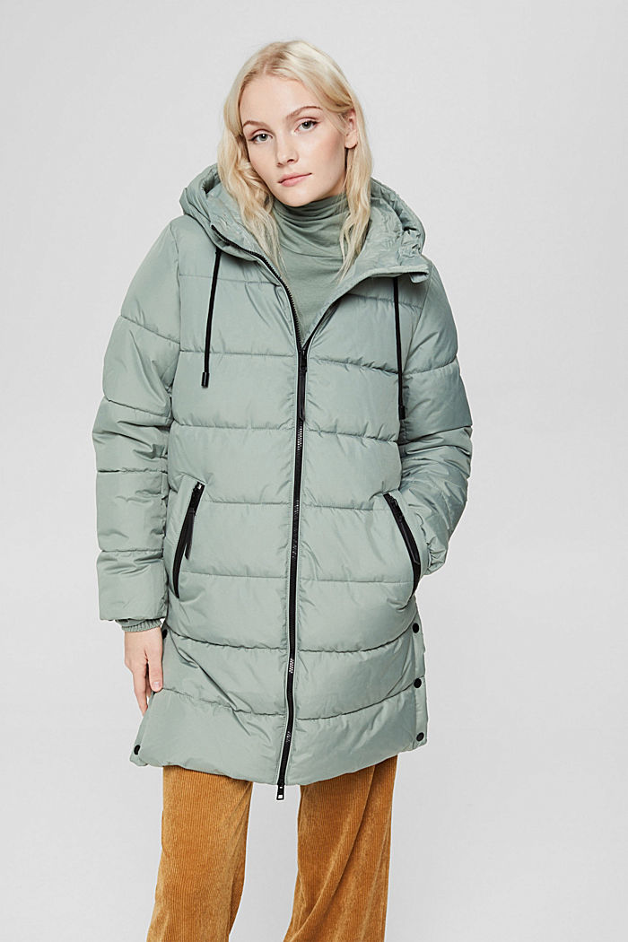 Recycled: quilted coat with a hood, DUSTY GREEN, detail image number 0
