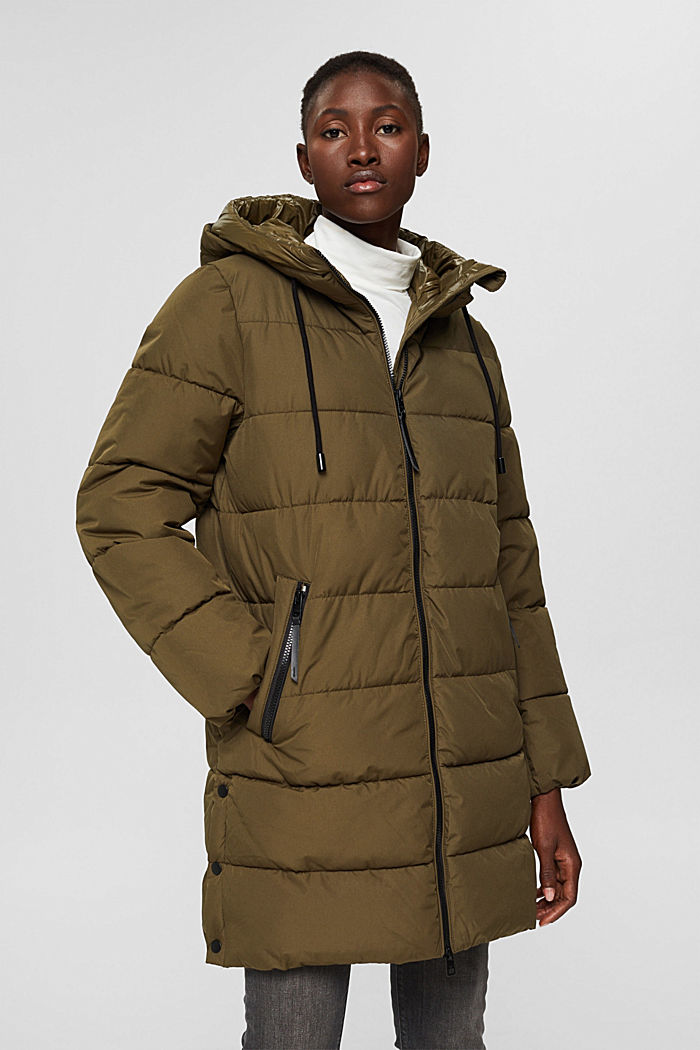 Recycled: quilted coat with a hood, DARK KHAKI, detail image number 0