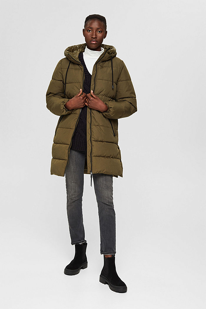 Recycled: quilted coat with a hood, DARK KHAKI, detail image number 1
