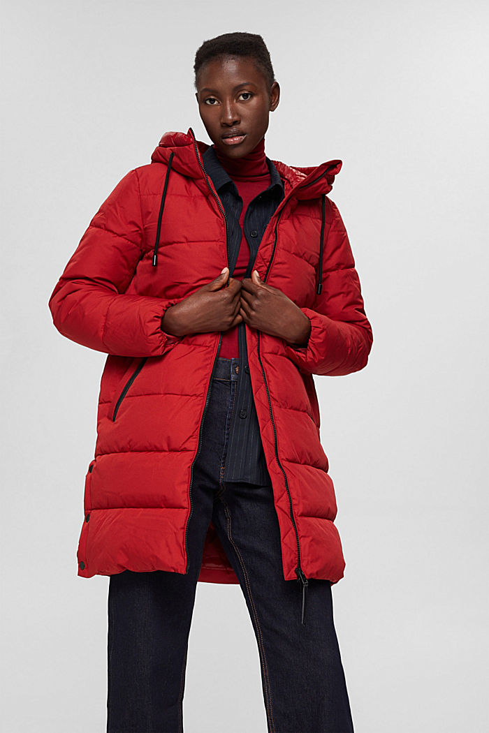 Recycled: quilted coat with a hood, DARK RED, overview