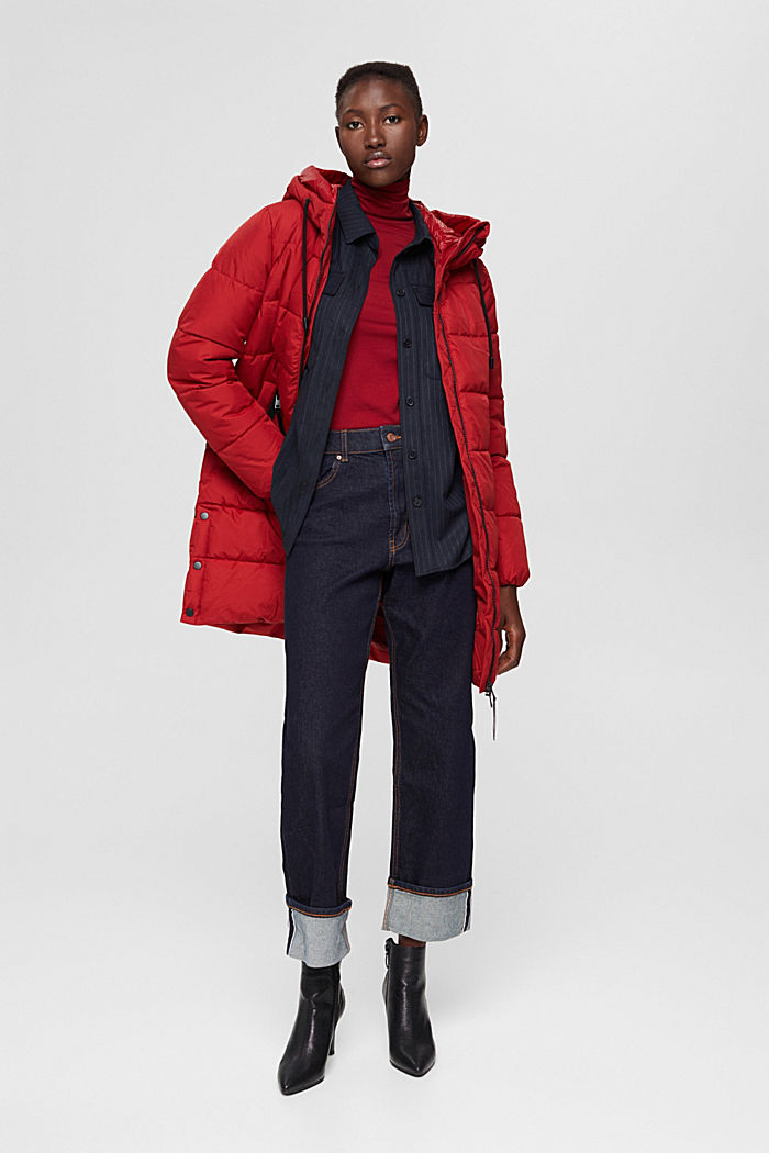 Recycled: quilted coat with a hood, DARK RED, detail image number 1