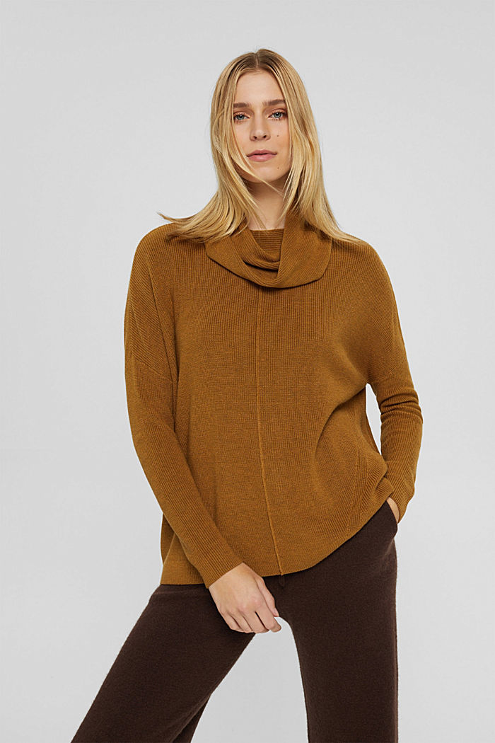 Oversized polo neck jumper, organic cotton blend, CAMEL, overview