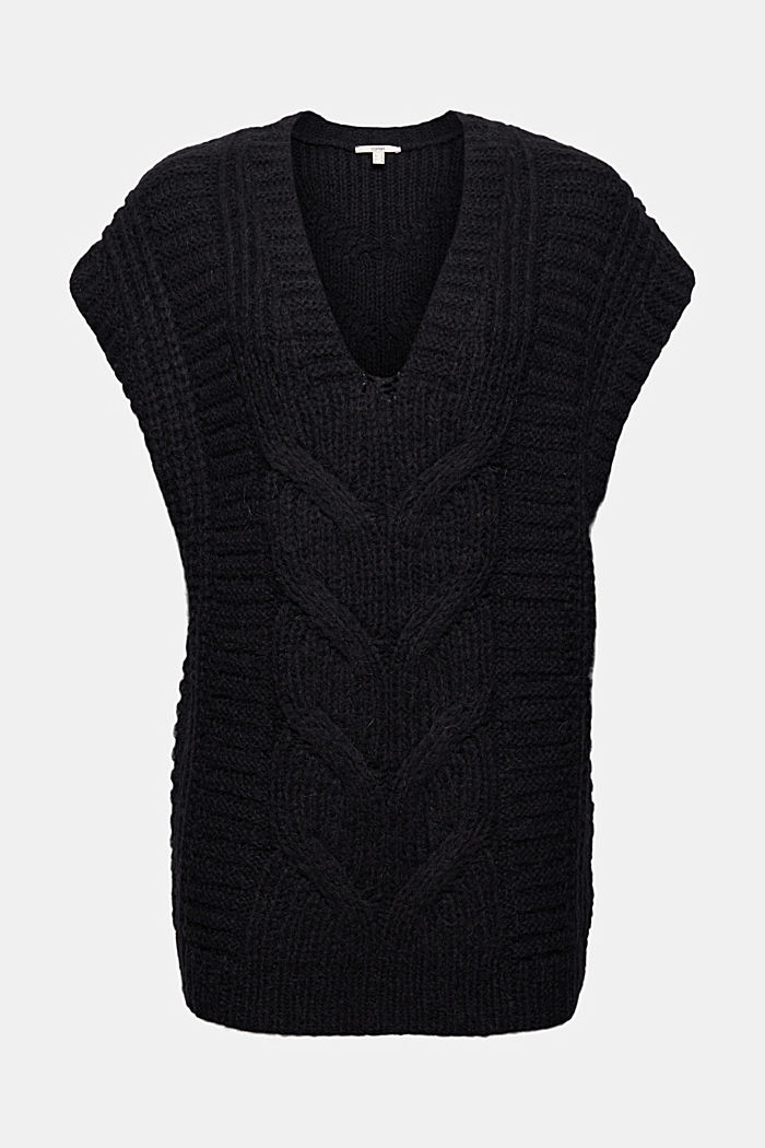 With alpaca/wool: cable knit sleeveless jumper, BLACK, overview