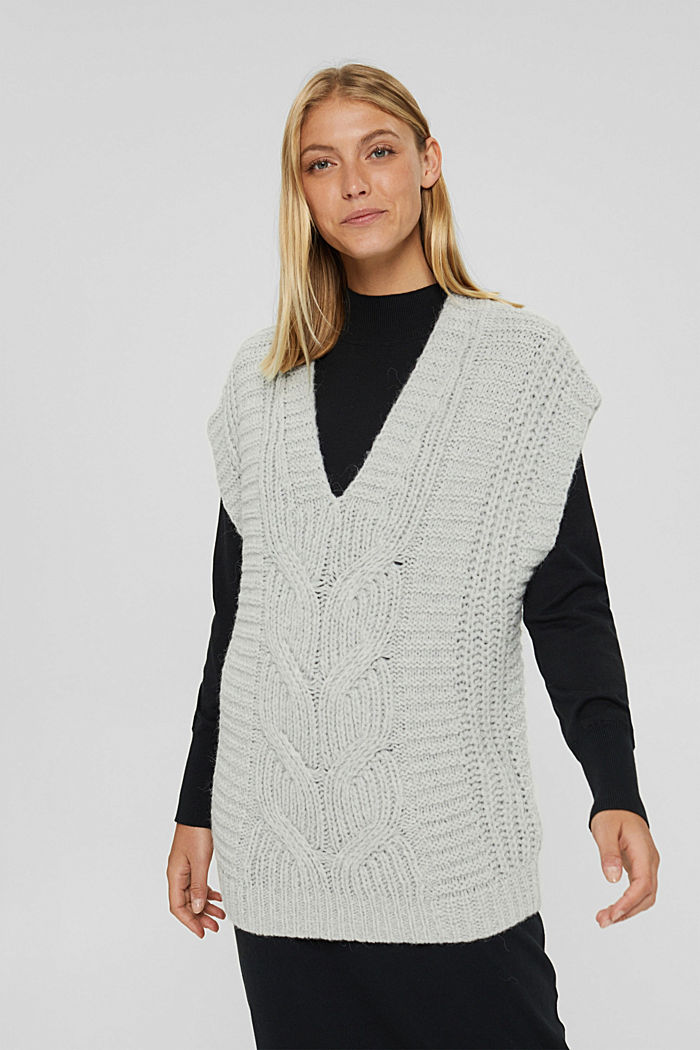 With alpaca/wool: cable knit sleeveless jumper, LIGHT GREY, detail image number 1