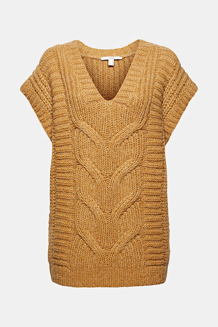 With alpaca/wool: cable knit sleeveless jumper, CAMEL, detail image number 6