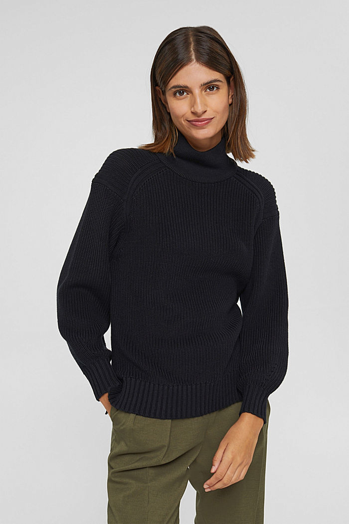 Stand-up collar jumper in organic cotton, BLACK, overview