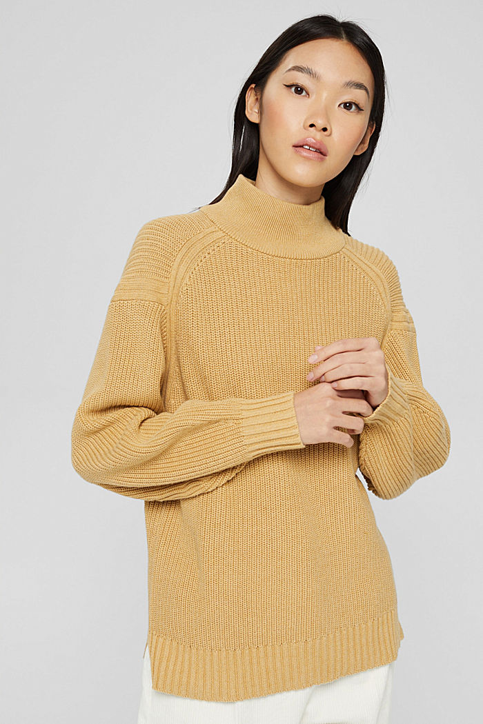 Stand-up collar jumper in organic cotton, KHAKI BEIGE, detail image number 0