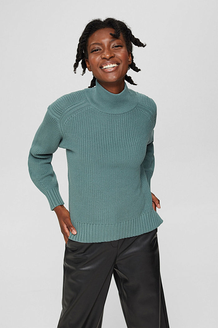 Stand-up collar jumper in organic cotton, TEAL BLUE, detail image number 0