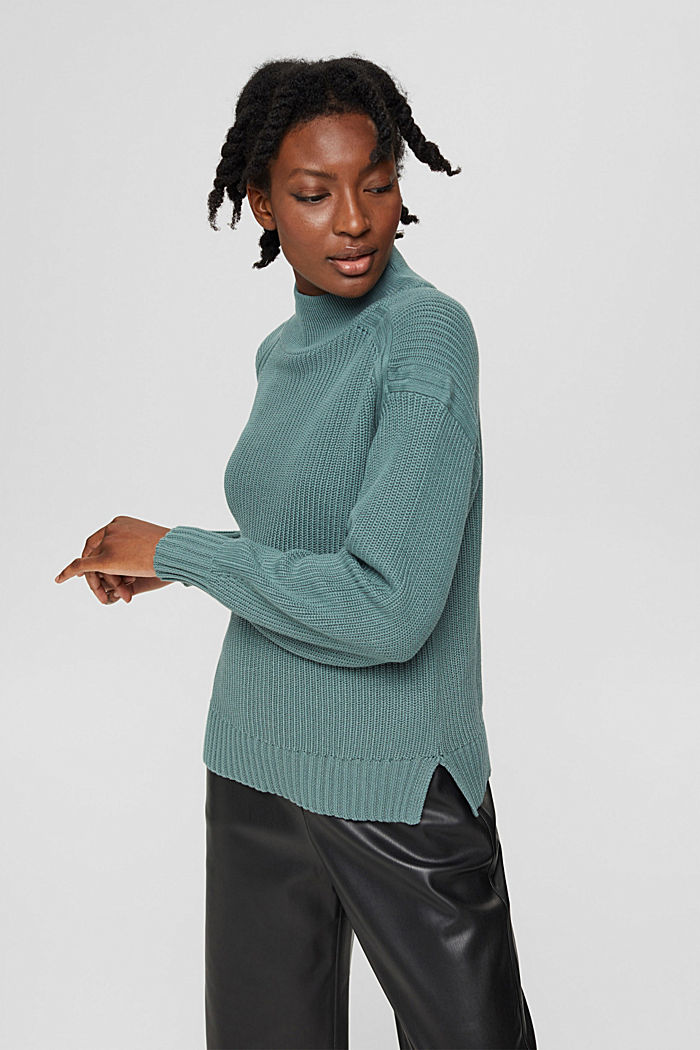 Stand-up collar jumper in organic cotton, TEAL BLUE, detail image number 5
