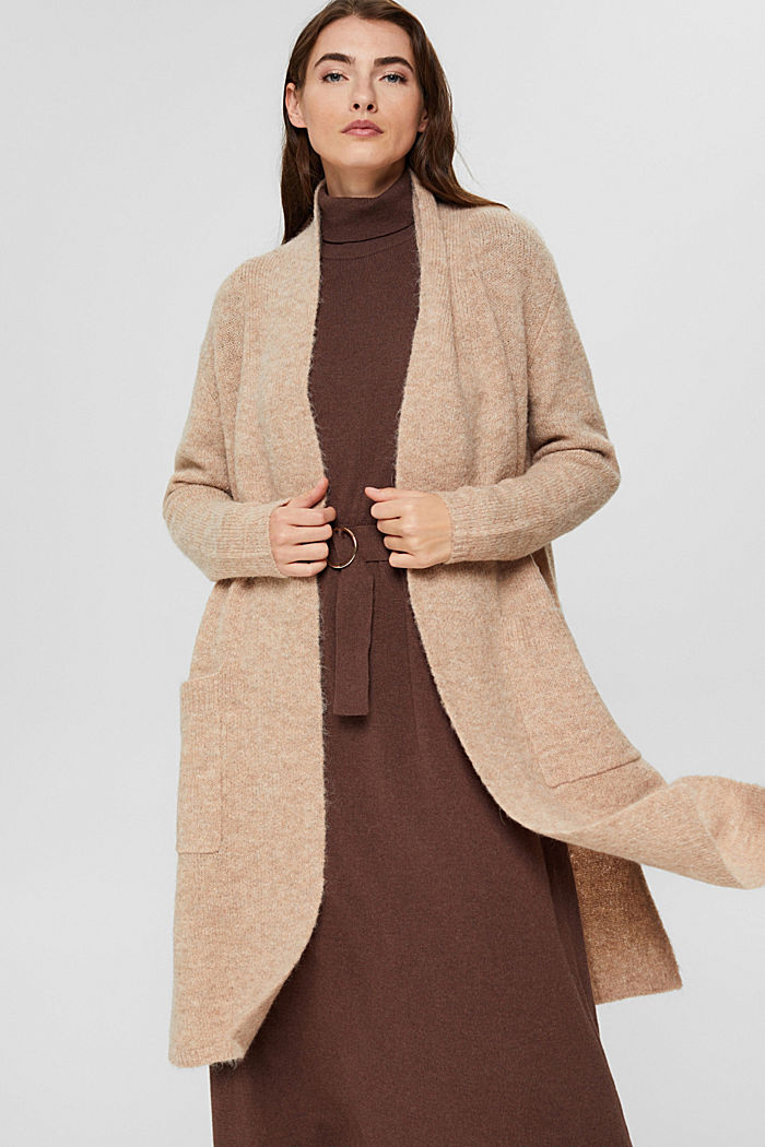 Long cardigan in a wool/alpaca blend, KHAKI BEIGE, detail image number 0