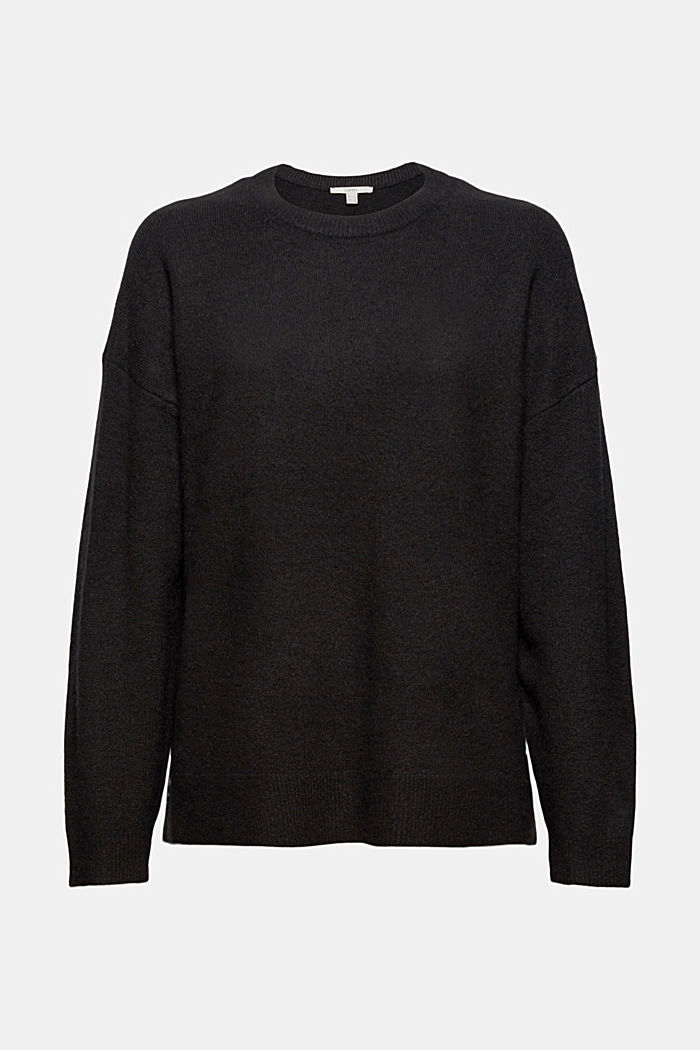 Con lana: jersey suave de cuello redondo con efecto jaspeado, BLACK, overview