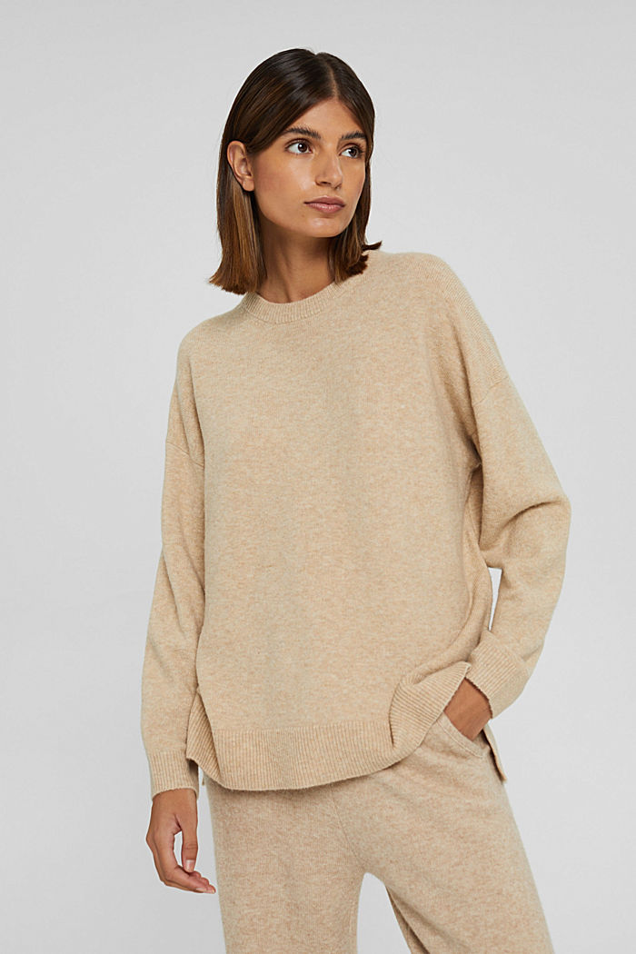 Con lana: jersey suave de cuello redondo con efecto jaspeado, SAND, detail image number 0