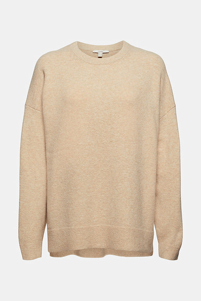 With wool: soft round neckline jumper with a melange finish, SAND, overview
