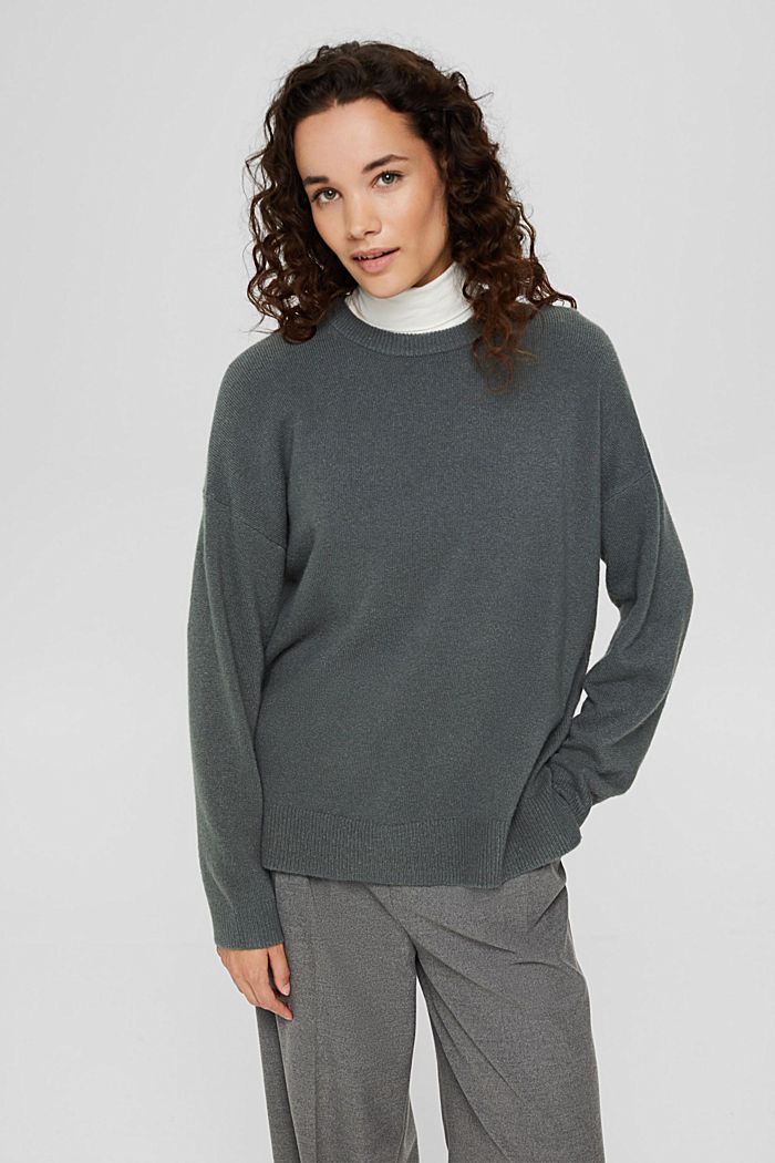 With wool: soft round neckline jumper with a melange finish, TEAL BLUE, overview