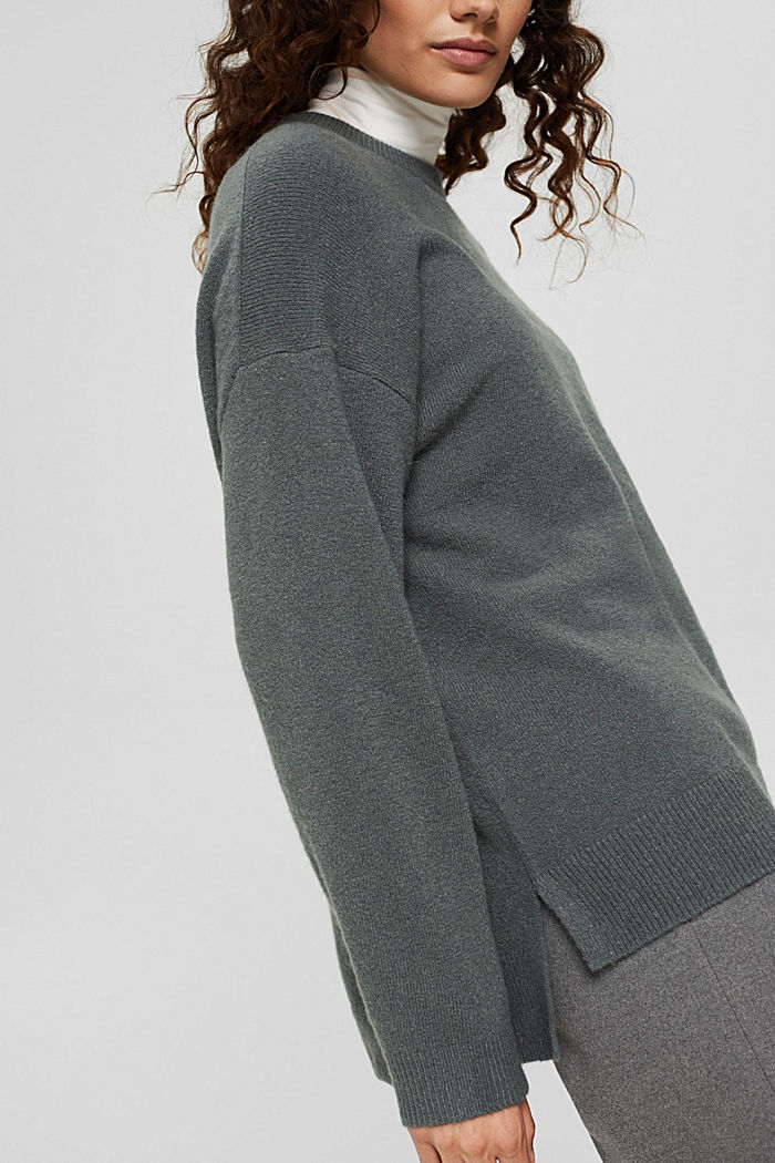 With wool: soft round neckline jumper with a melange finish, TEAL BLUE, detail image number 2
