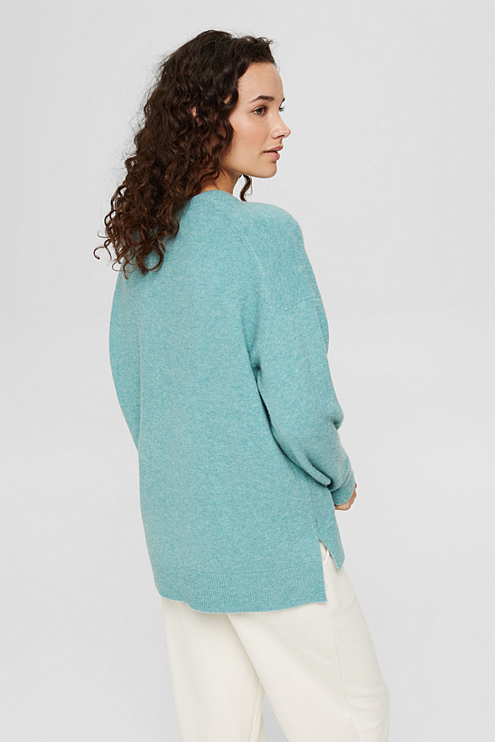 Con lana: jersey suave de cuello redondo con efecto jaspeado, TURQUOISE, detail image number 3