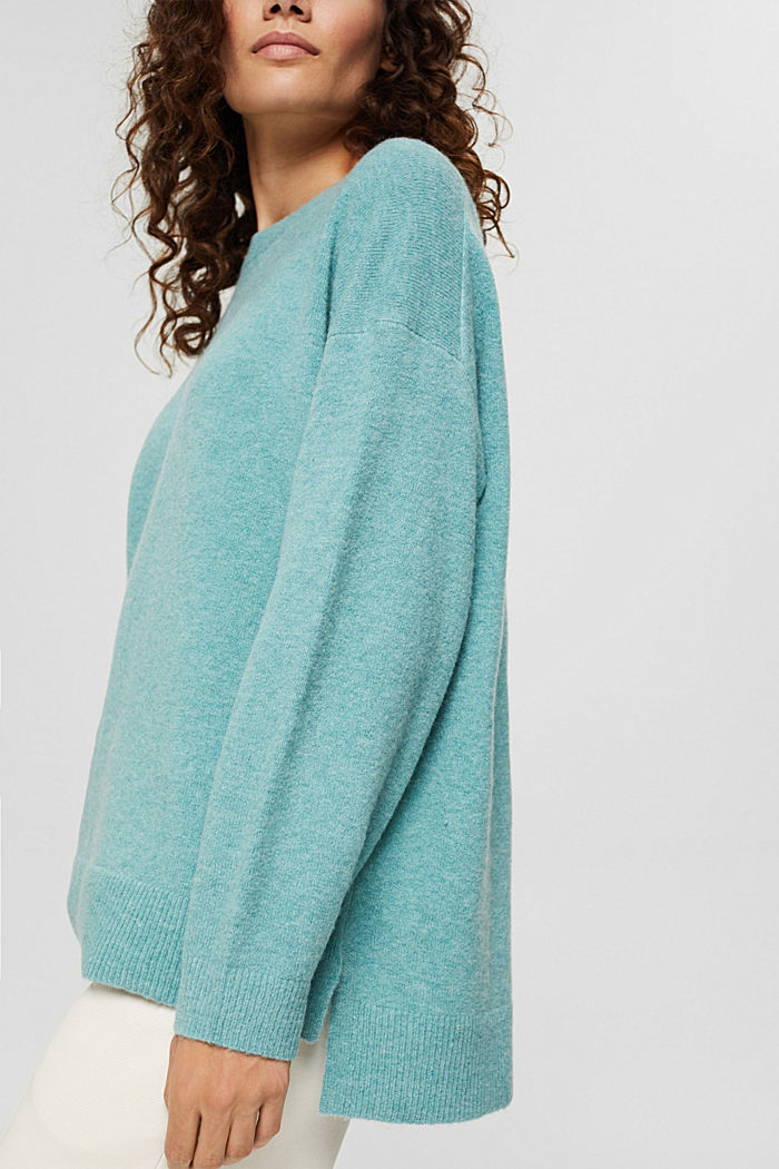 Con lana: jersey suave de cuello redondo con efecto jaspeado, TURQUOISE, detail image number 2