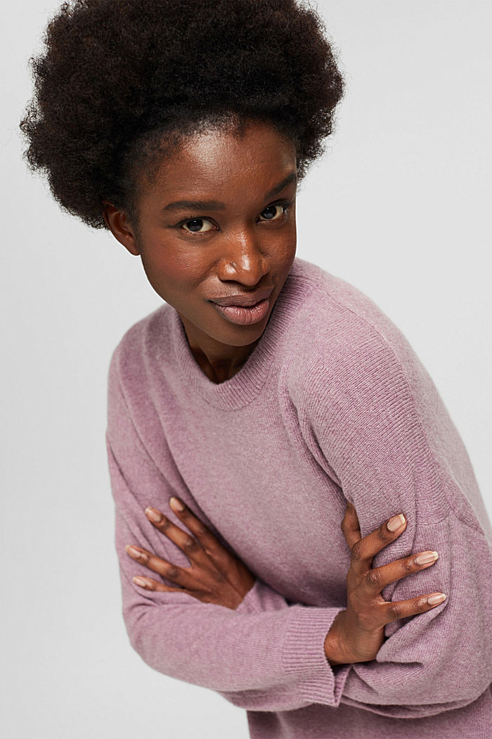 With wool: soft round neckline jumper with a melange finish, MAUVE, detail image number 7