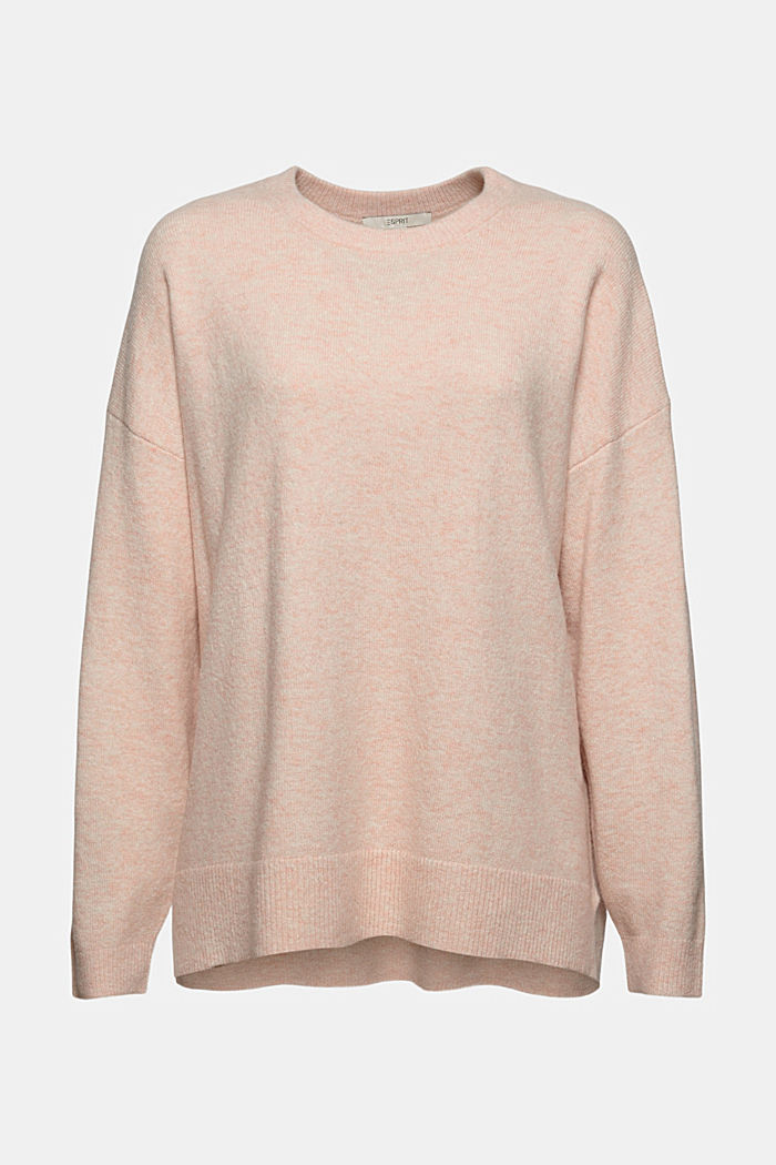 With wool: soft round neckline jumper with a melange finish, PASTEL PINK, overview