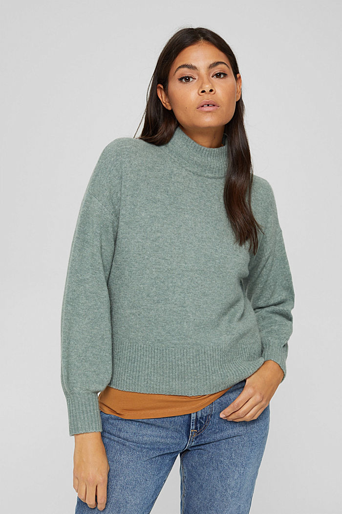 Wool blend: jumper with balloon sleeves, DUSTY GREEN, detail image number 0