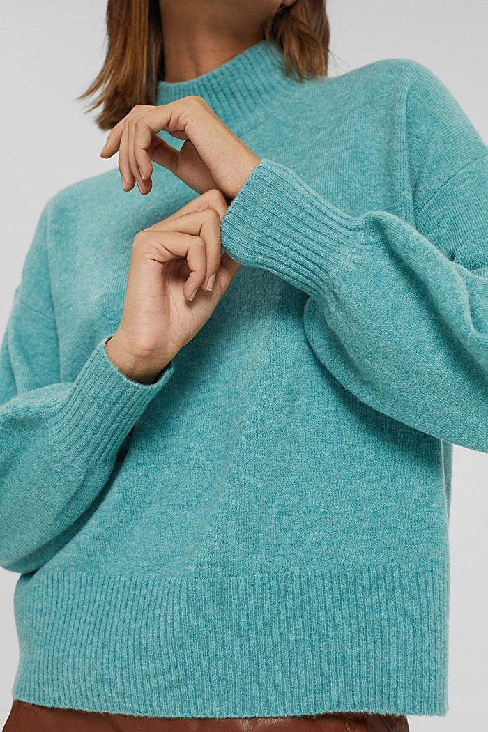 Wool blend: jumper with balloon sleeves, TURQUOISE, detail image number 2