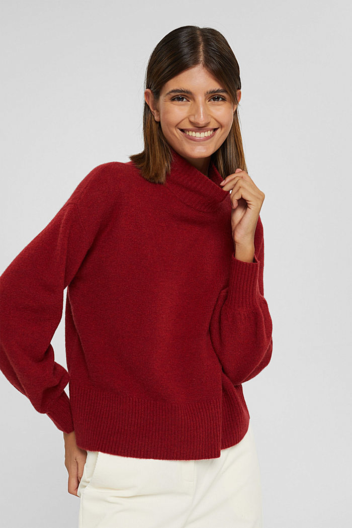 Wool blend: jumper with balloon sleeves, DARK RED, detail image number 0