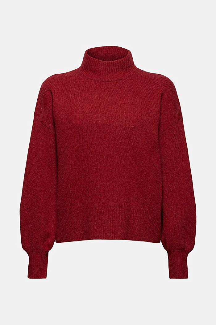 Wool blend: jumper with balloon sleeves, DARK RED, overview