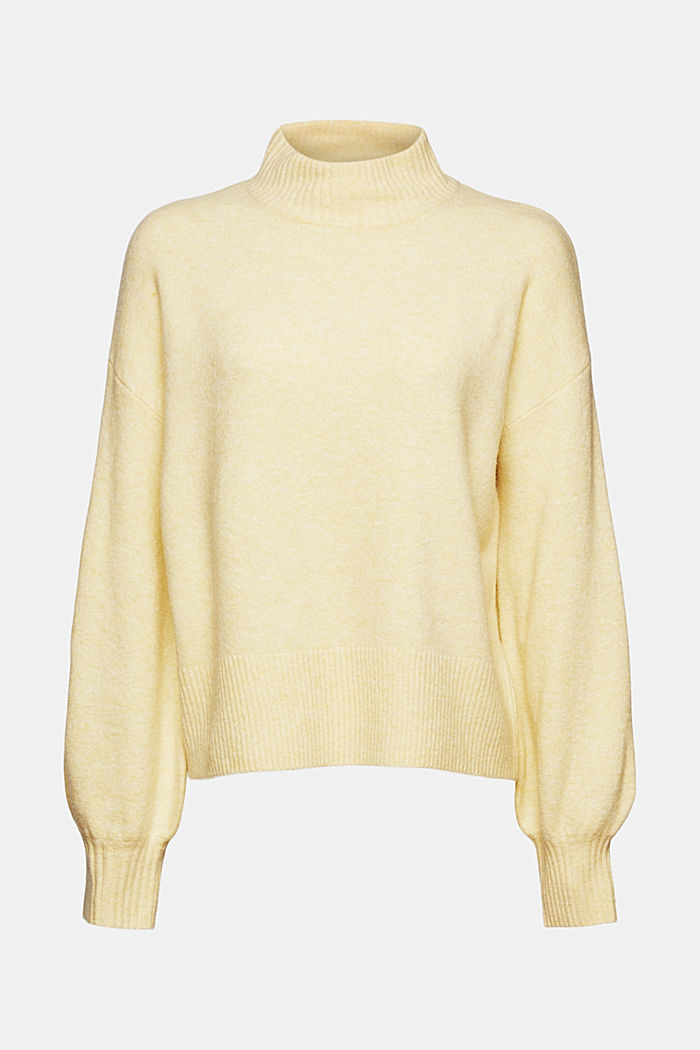 Wool blend: jumper with balloon sleeves, PASTEL YELLOW, overview