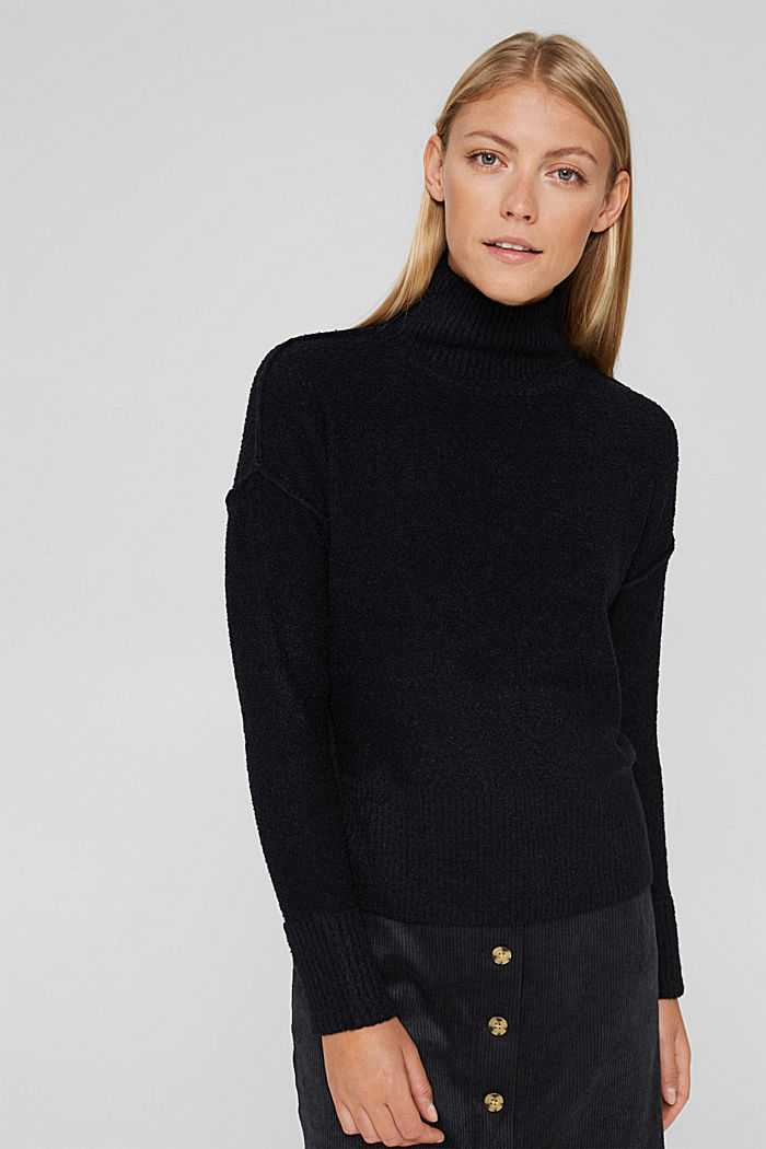 Wool blend: Jumper with a stand-up collar, BLACK, overview