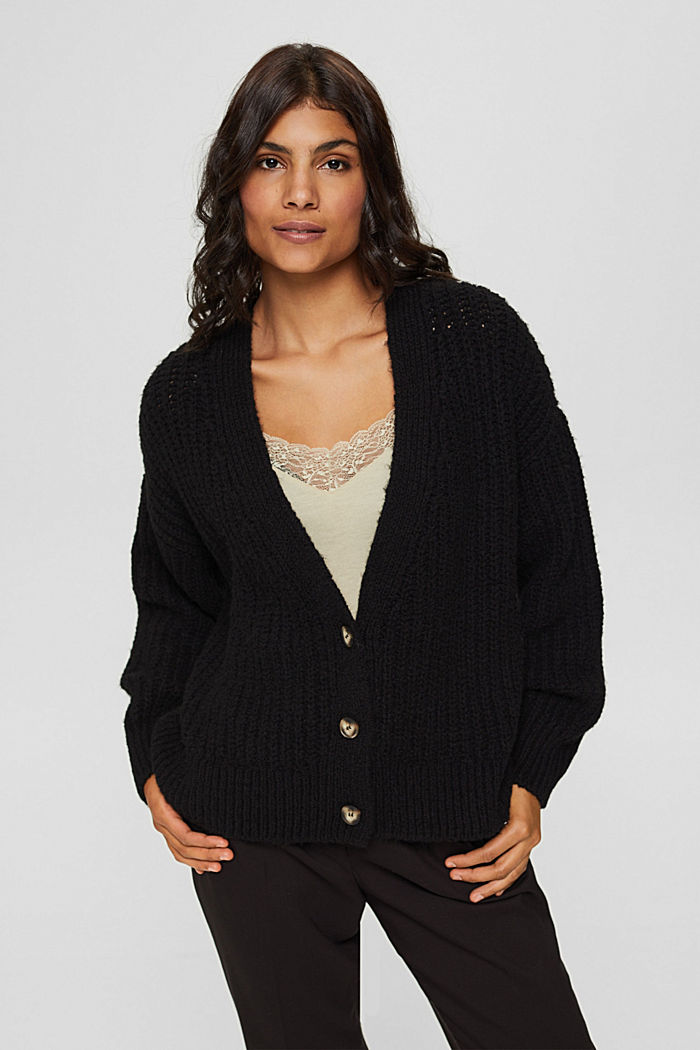 Thick cardigan made of blended organic cotton, BLACK, overview