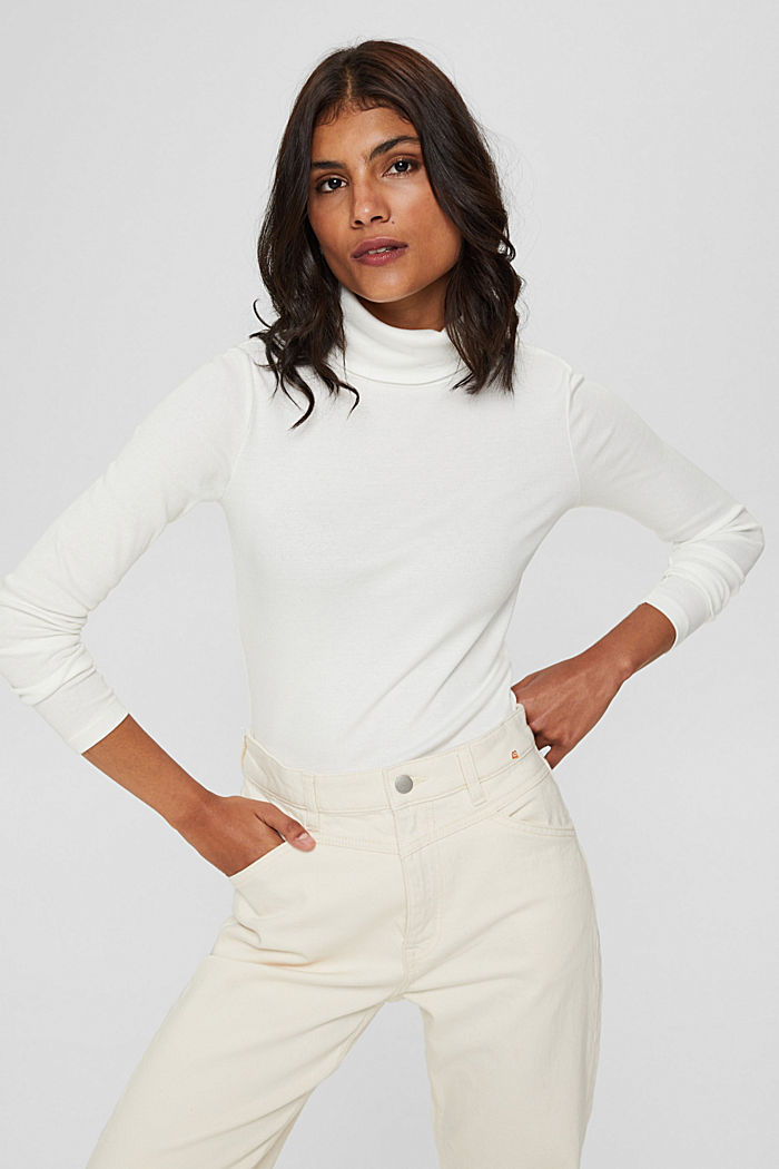 Ribbed long sleeve polo neck top, OFF WHITE, detail image number 0