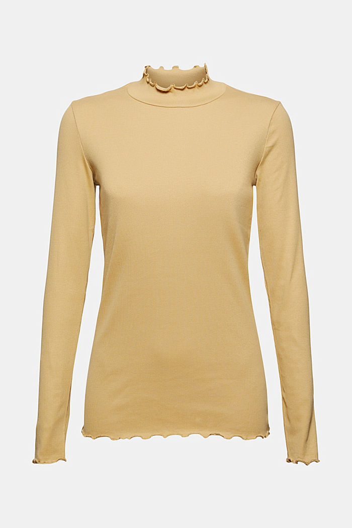 Ribbed long sleeve top, organic cotton, KHAKI BEIGE, overview