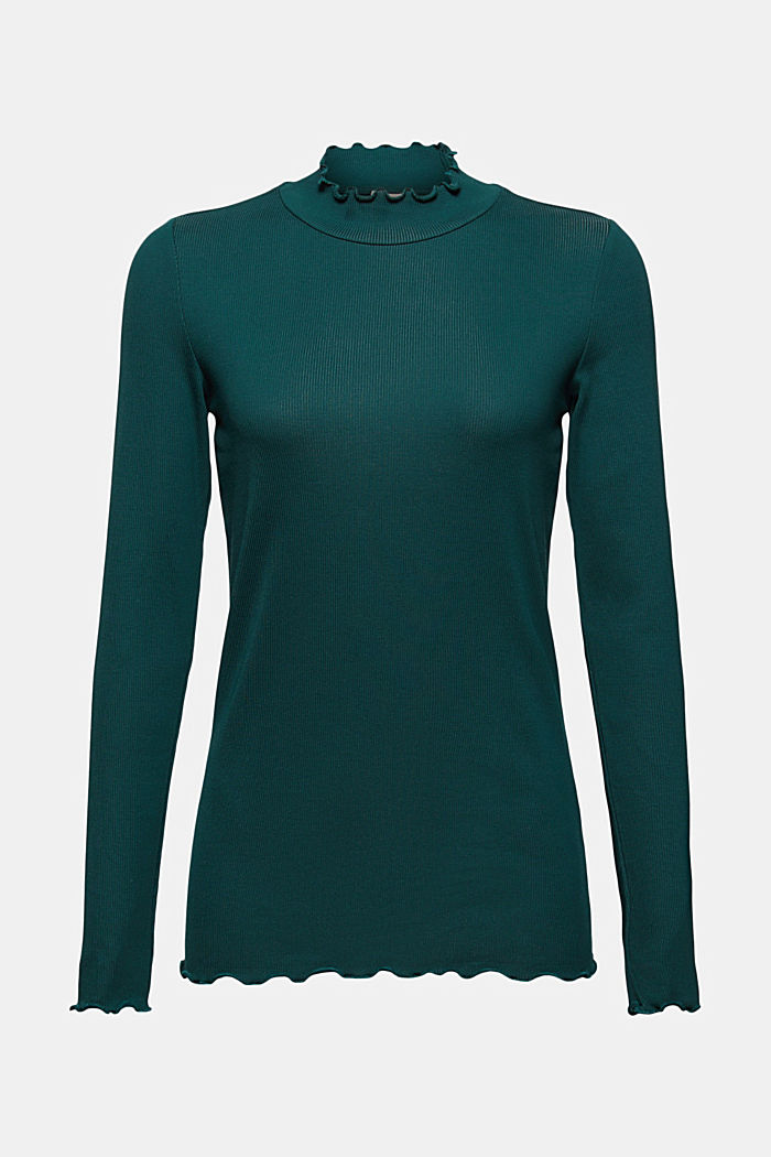 Ribbed long sleeve top, organic cotton, DARK TEAL GREEN, overview