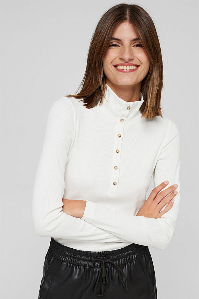 Long sleeve top with a button placket, organic cotton, OFF WHITE, detail image number 0