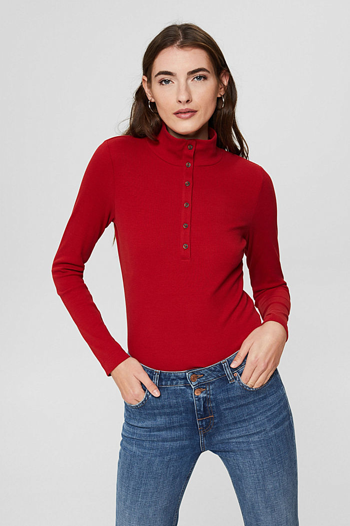 Long sleeve top with a button placket, organic cotton, DARK RED, detail image number 0