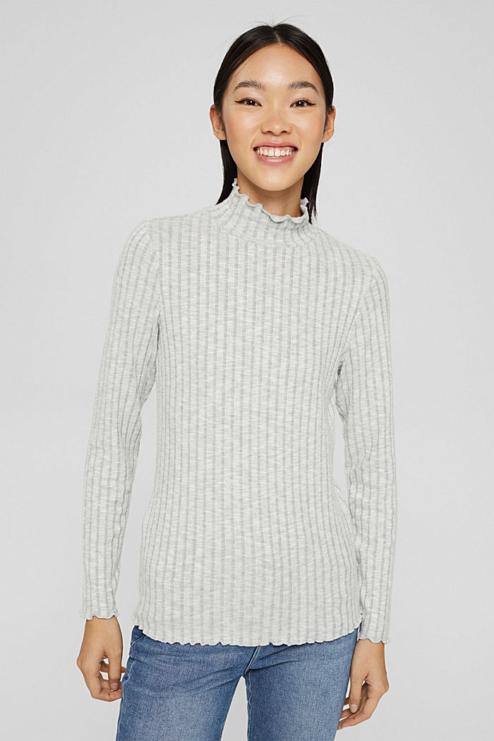 Ribbed long sleeve top with a stand-up collar, LIGHT GREY, detail image number 0