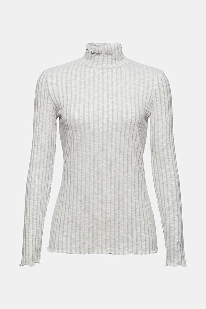 Ribbed long sleeve top with a stand-up collar, LIGHT GREY, overview