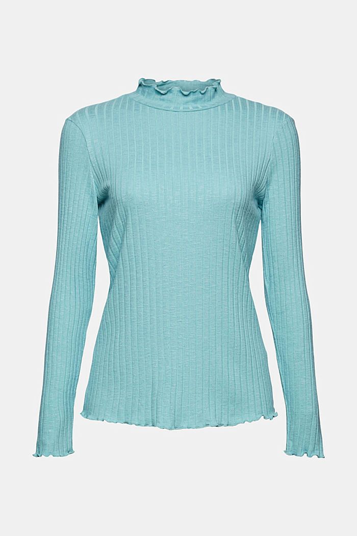 Ribbed long sleeve top with a stand-up collar, TURQUOISE, overview