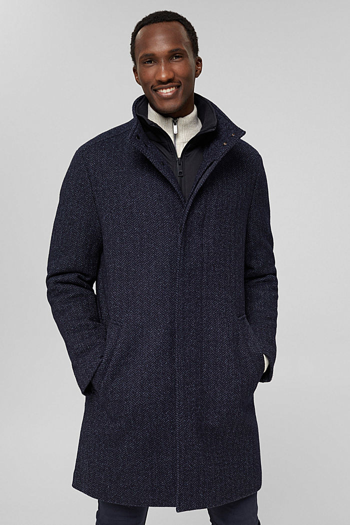 Gerecycled: gewatteerde mantel met wol, DARK BLUE, detail image number 0