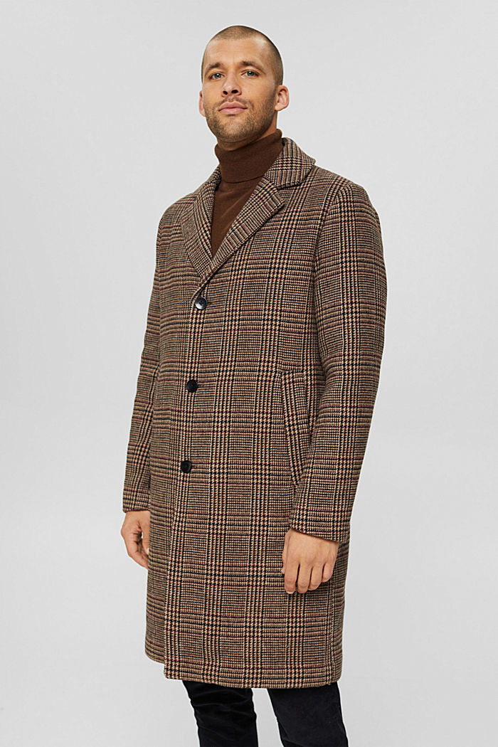 En mezcla de lana: abrigo con diseño de cuadros Príncipe de Gales, CAMEL, overview
