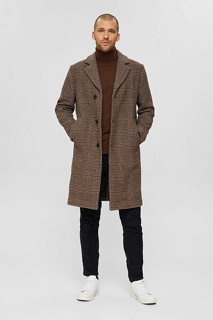 En mezcla de lana: abrigo con diseño de cuadros Príncipe de Gales, CAMEL, detail image number 1