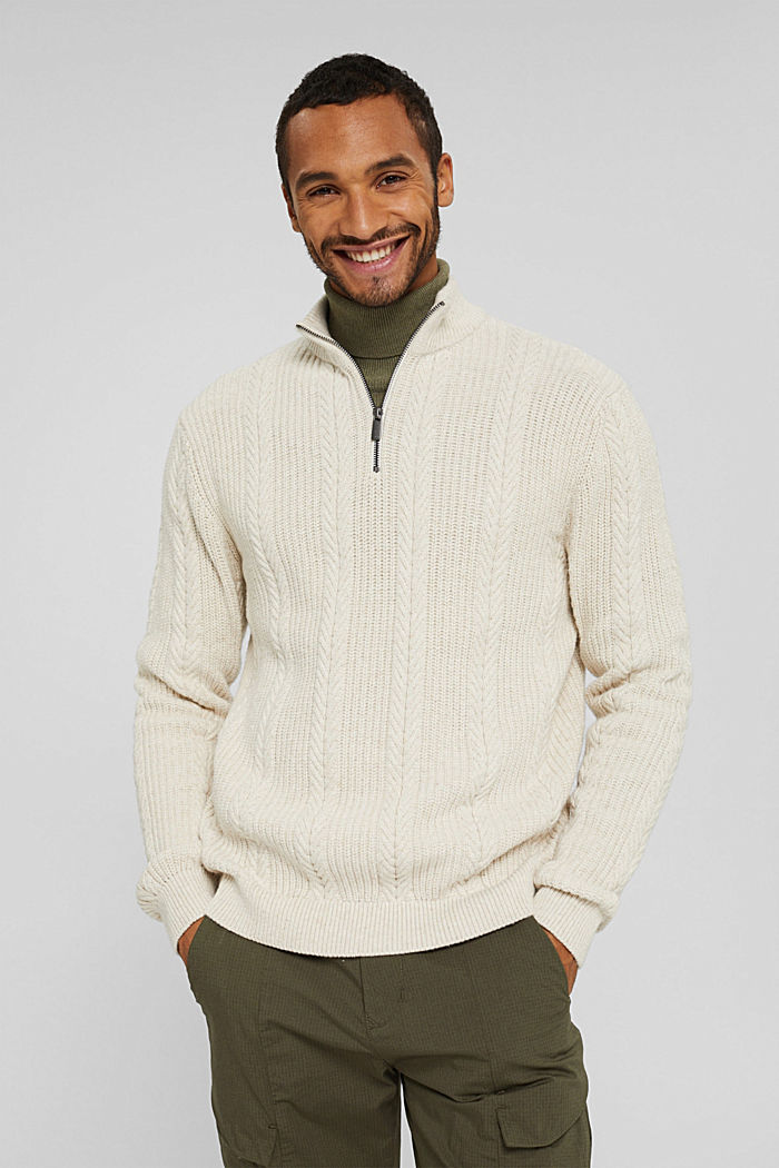 Sweter z zamkiem pod szyją z mieszanki z bawełną ekologiczną, OFF WHITE, detail image number 0