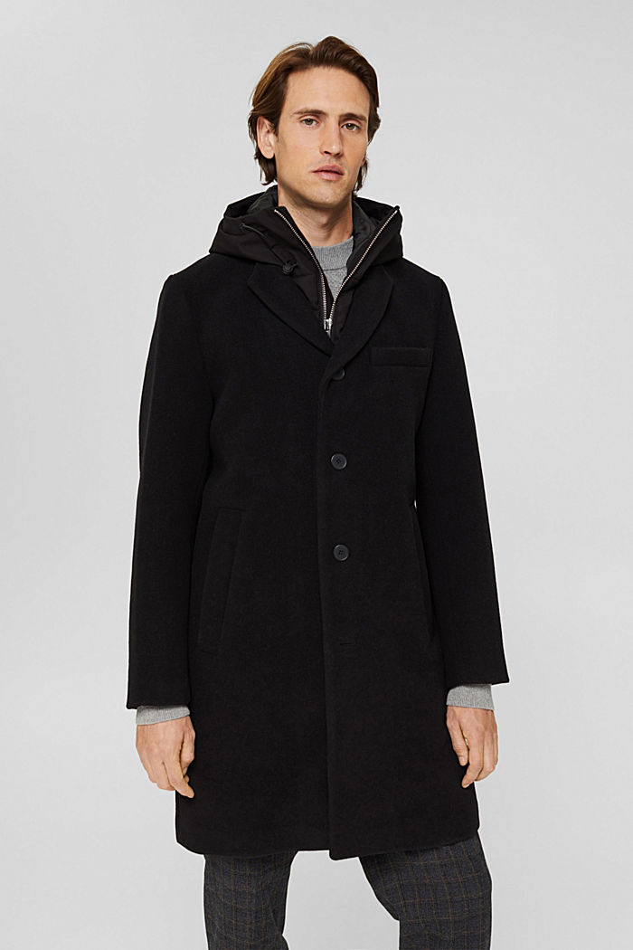 Abrigo en mezcla de lana con capucha extraíble, BLACK, detail image number 0