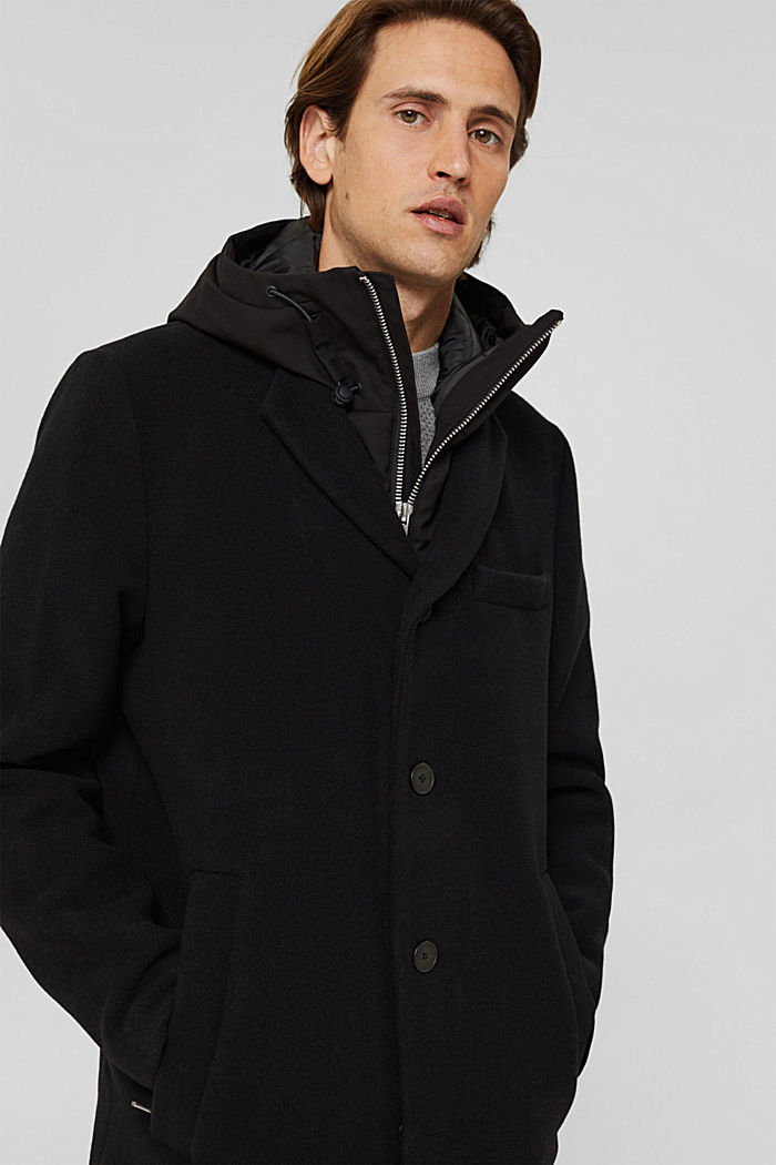 Wool blend coat with a detachable hood