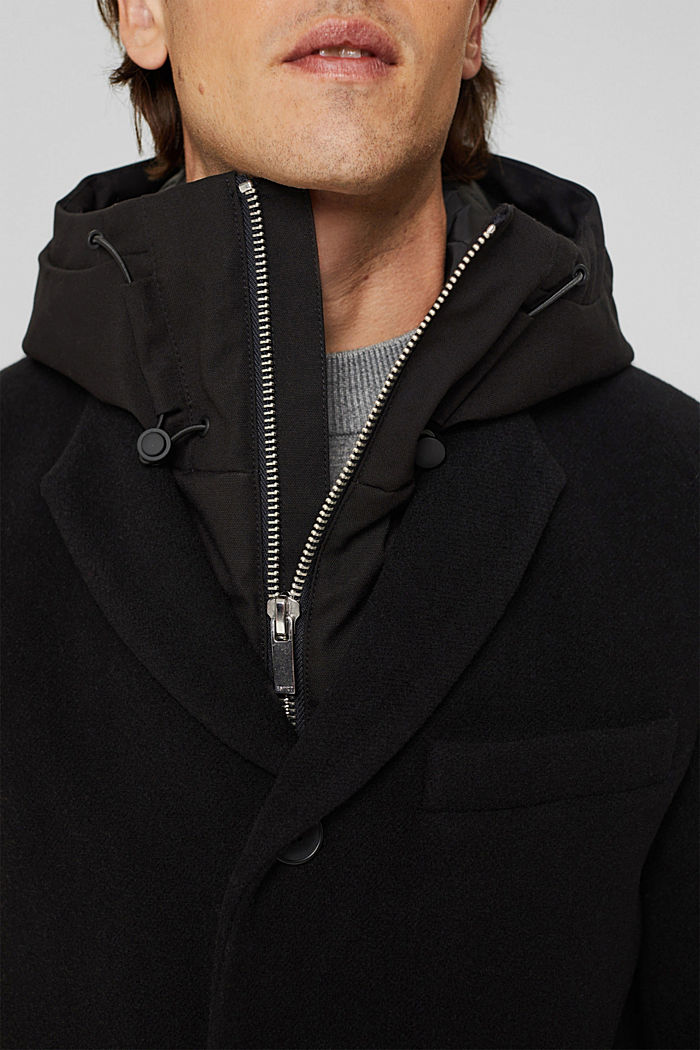 Abrigo en mezcla de lana con capucha extraíble, BLACK, detail image number 2