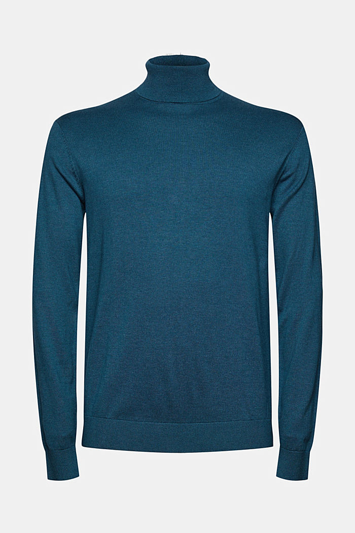 Jersey de cuello vuelto en mezcla de algodón ecológico, PETROL BLUE, overview