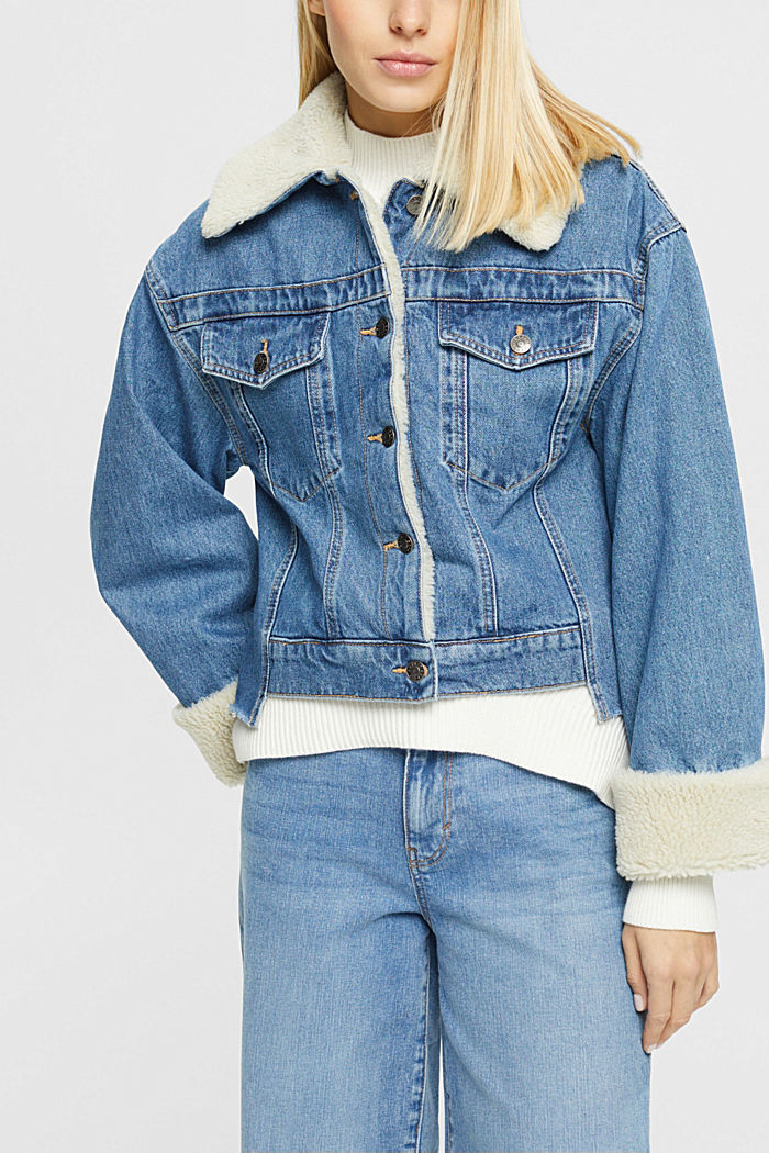 Cropped denim jacket with faux fur trimming, BLUE MEDIUM WASHED, detail-asia image number 0