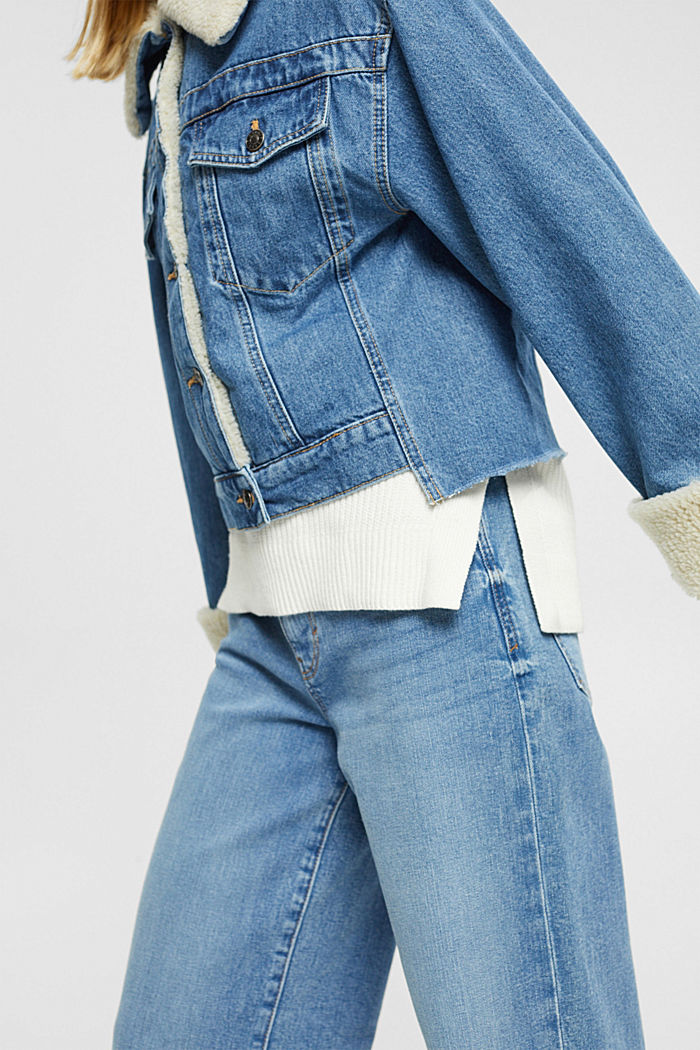 Cropped denim jacket with faux fur trimming, BLUE MEDIUM WASHED, detail-asia image number 4