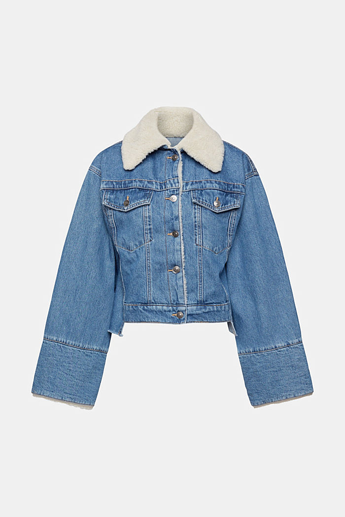 Cropped denim jacket with faux fur trimming, BLUE MEDIUM WASHED, detail-asia image number 6