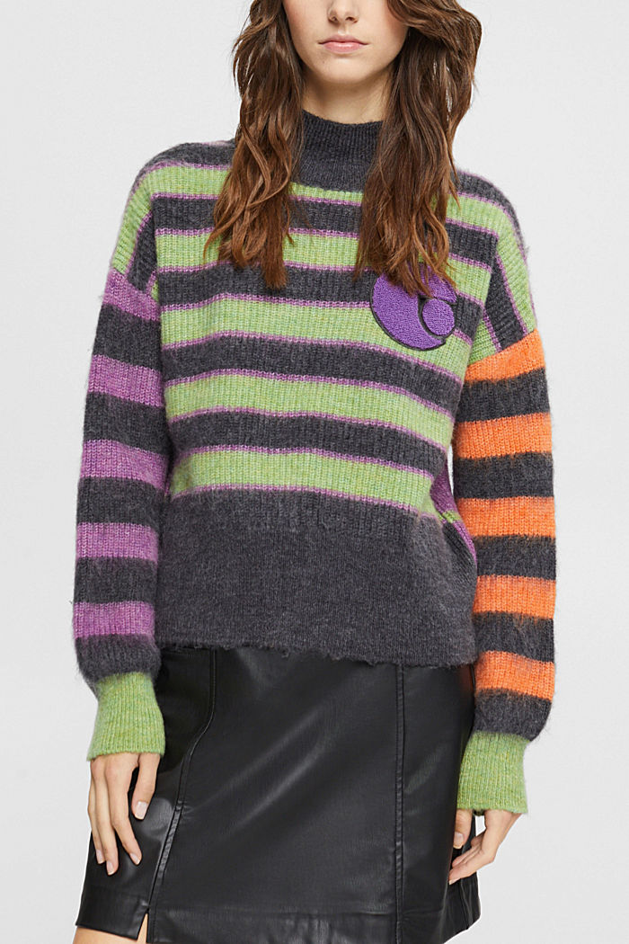 Striped sweater with logo patch, ANTHRACITE, detail-asia image number 0